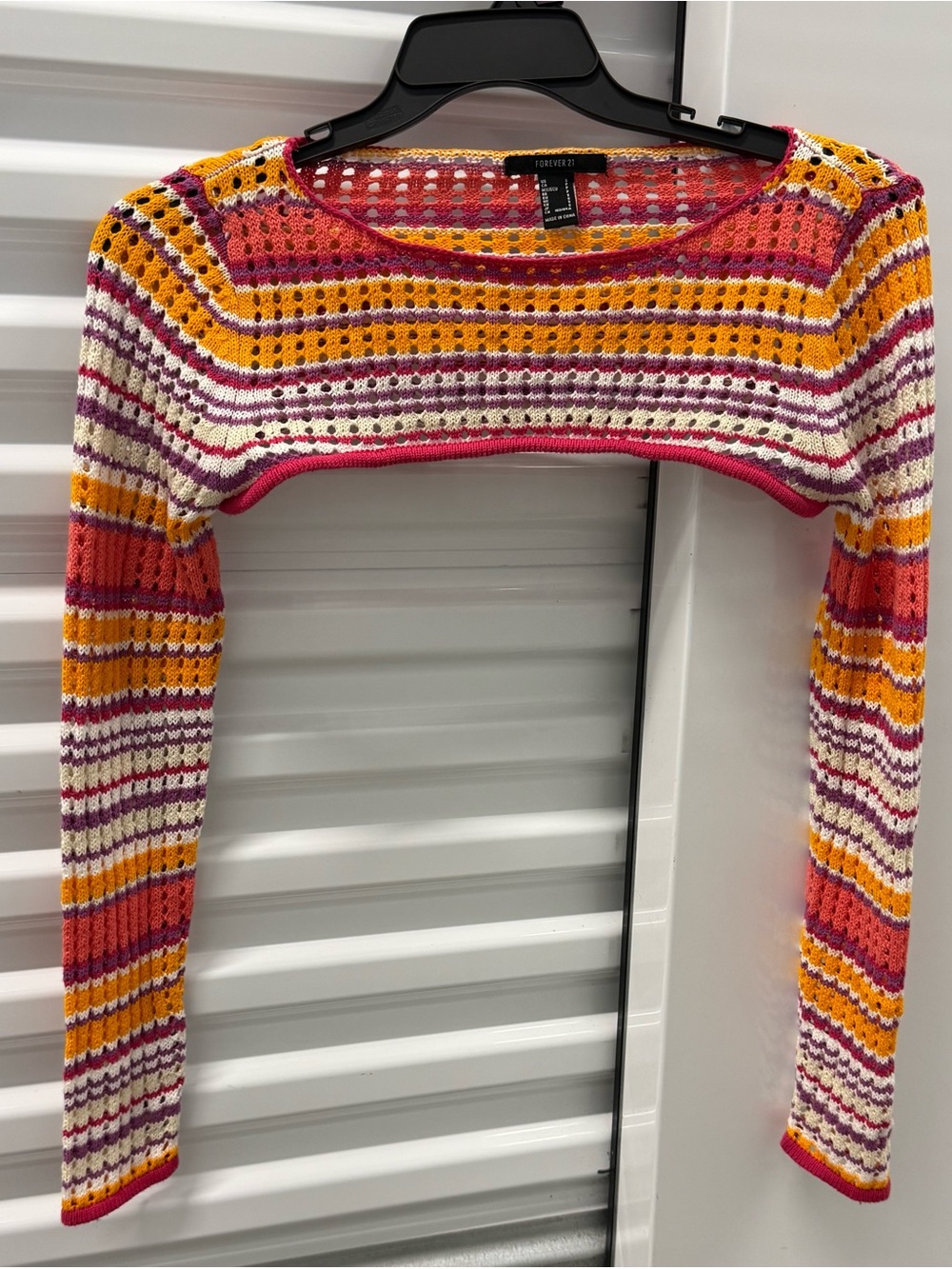 Open Knit Striped Cropped Shrug - Yellow, Pink, Cream